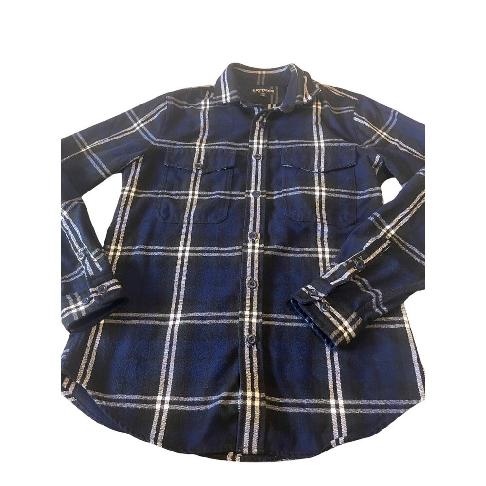 Express Mens Blue/Black Checkard Button Front Long Sleeve Shirt Sz Small